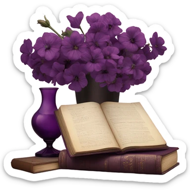 An aesthetic arrangement of a violet vintage book and dark magenta flowers in a light violet glass vase, surrounded by antique letters sticker