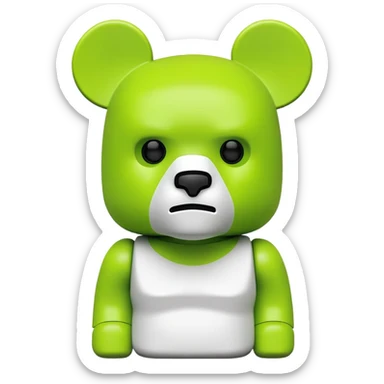 geometric bearbrick figurine with block-shaped head, lime green mask covering face except for prominent expressive eyebrows, iconic bear toy sticker