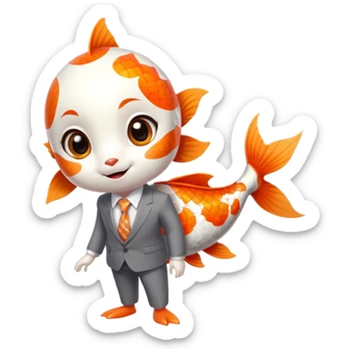 A super cute and fun koi fish character with big anime eyes, rosy cheeks, playful smile, sleek rounded body with orange and white patterns, wearing a neat business suit, white shirt, and tiny tie sticker