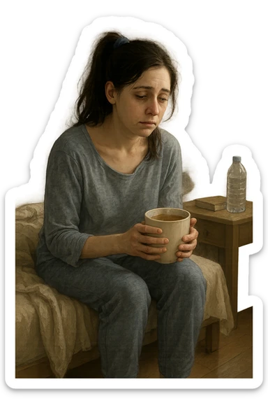A realistic, cinematic illustration of a woman in her early 30s with a tired, pale appearance, sitting on the edge of her bed in a softly lit bedroom during the morning, looking exhausted and drained. Her posture is slightly slouched, and dark circles are visible under her eyes. She wears comfortable loungewear, holding a warm cup of herbal tea in her hands, seeking comfort. The scene includes a cozy yet slightly messy room with a blanket, a water bottle, and a book on the nightstand, emphasizing chronic fatigue. Soft natural light comes through the window, highlighting her expression of persistent tiredness despite rest, capturing the invisible struggle of chronic fatigue syndrome while maintaining dignity and a gentle aesthetic. sticker
