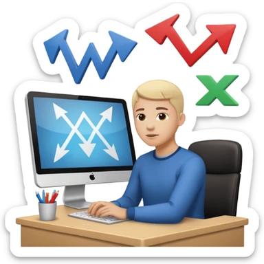 A person sitting at a desk working and looking at a computer with upward arrows and percentage signs, suggesting digital sales, marketing, or outreach. sticker