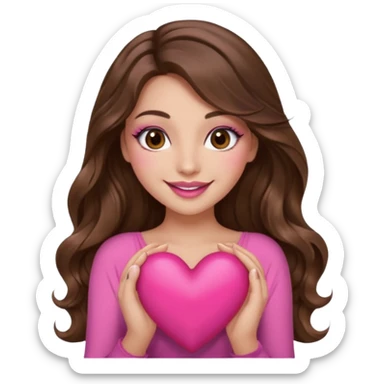 girl with long wavy brown hair, brown eyes, long lashes makeup, sexy pink lips, light to medium complexion, wearing a pink sexy top, smiling, holding a big heart sticker