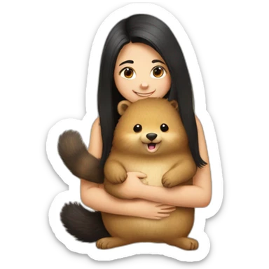 happy-girl-who-is-black-hair-and-hugging-happy-quokka sticker