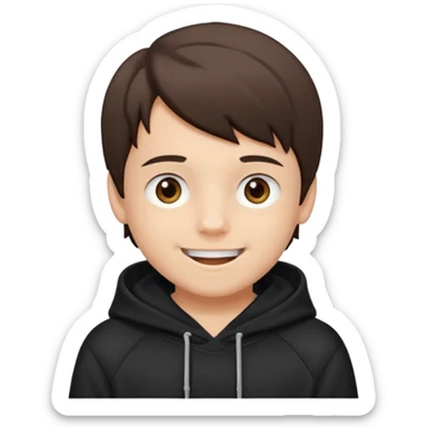 A brunette boy, short straight hair, light brown eyes, with a black sweatshirt with a hoodie, and smile without teeth  sticker