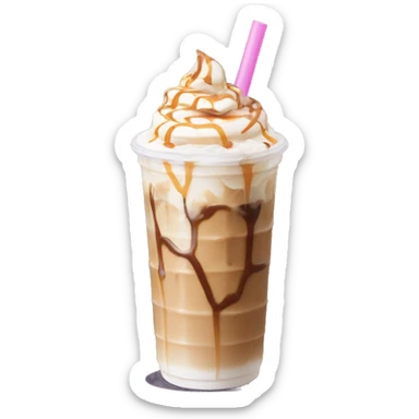 Caramel iced coffee with whipped cream and caramel drizzle with light pink straw sticker