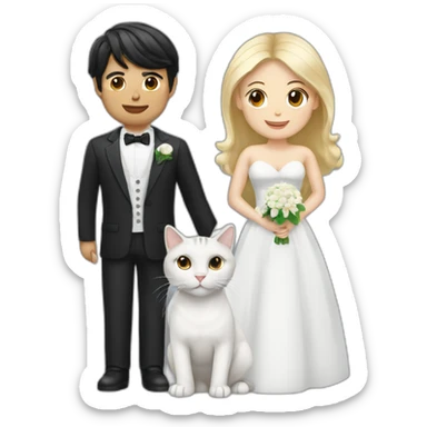 blond man, black hair white skin woman, marriage and holding gray cat sticker