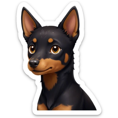 Cinematic Cute Black and Tan Kelpie Portrait Emoji, Head tilted playfully and inquisitively, featuring a sleek black Fur with vibrant tan markings, round, sparkling dark eyes filled with curiosity, Simplified yet irresistibly adorable features, highly detailed, glowing with a warm, friendly glow, high shine, affectionate and spirited, stylized with a touch of whimsy, bright and endearing, soft glowing outline, capturing the essence of a mischievous yet loving herder, so playful it feels like it could leap out of the screen and into your arms! sticker