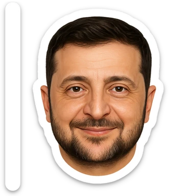 Vladimir Zelensky as an emoji with a round face, close likeness to his real face, detailed hair, beard, and eyes, friendly smile, high quality sticker