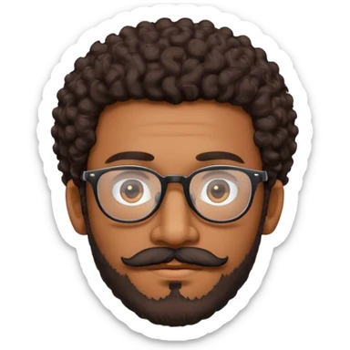 a brown skinned man with dark curly hair, a mustache and a beard with thin rimmed glasses. sticker