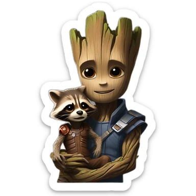 "Groot is sitting on the shoulder of Rocket Raccoon." sticker
