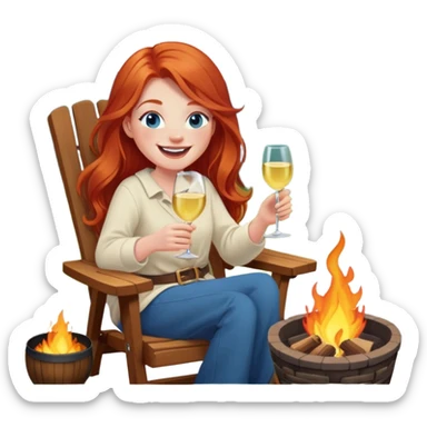 Laughing redhead with long hair and blue eyes holding chardonnay sitting in chair beside fire pit  sticker