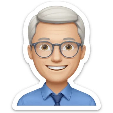 30 yr old pale white man, white/grey side swept stylish hair, round glasses, big smile, white teeth, handsome, longer hair, thin glasses, blue dress shirt sticker