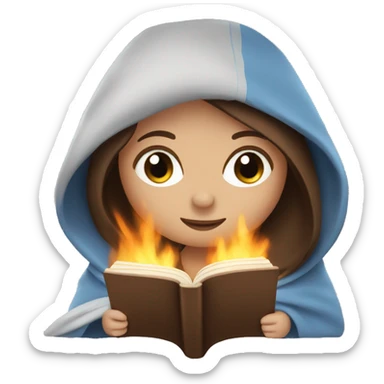 Girl with brown hair and blue eyes in a blanket reading a book by the fire sticker