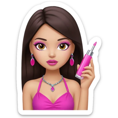 generate a pretty fair bratz girl with dark brown eyes, dark brown hair straight long. Wearing a hot pink halter neck top.  pink lipgloss sticker