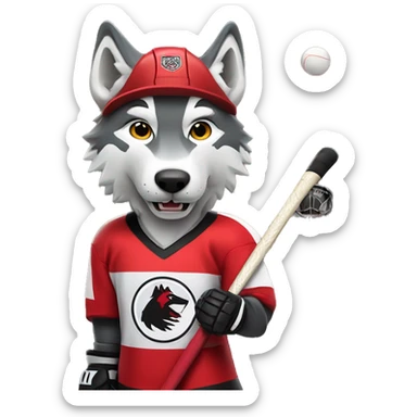 A wolf in a red black and white hockey uniform with a wolf emblem is playing hockey sticker