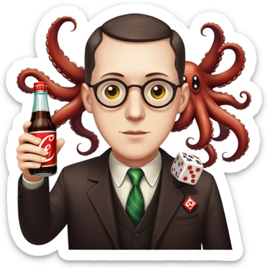 writer Lovecraft holding a bottle of cola and throwing dice, emoji style, with tentacles in the background sticker