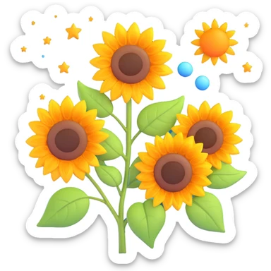 two sunflowers with green leaves, orange and yellow color palette, stylized sky with constellations and sun, in 3D iOS emoji style, matching the reference image's composition and colors sticker