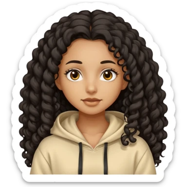 Tan skin girl with black very long curly hair, brown eyes, vanilla colored hoodie sticker