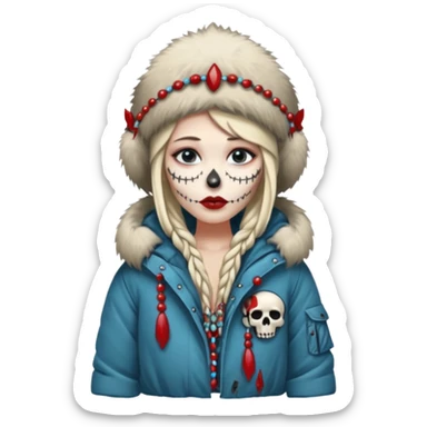 An attractive Alaskan princess, full body, facing to the right. In the style of your bleeding skull art. sticker