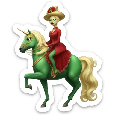 "galora green blonde alien woman" in red Victorian elegant dress, full body, rides unicorn gold
(NO WOKE)
 sticker