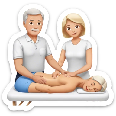 Older white man giving older white Woman a massage sticker