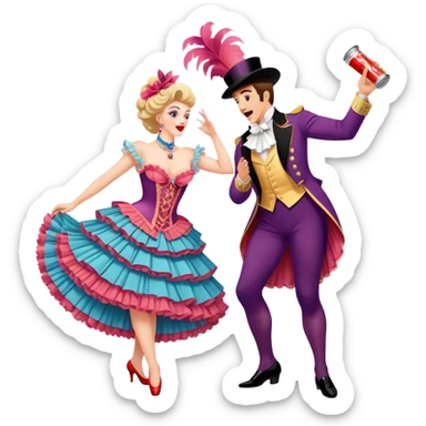 Cinematic Realistic scene of two performers executing a high‑energy Can‑Can, adorned in elaborate French cabaret costumes with frilly layers and dynamic movement, illuminated by vibrant stage lighting sticker