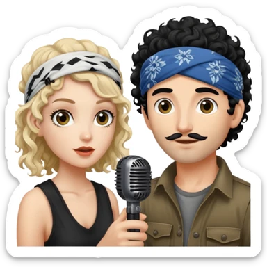 beautiful pale girl with black hair next to bug eyed tanned skin homeless man with bandana and curly hair whose holding microphone sticker