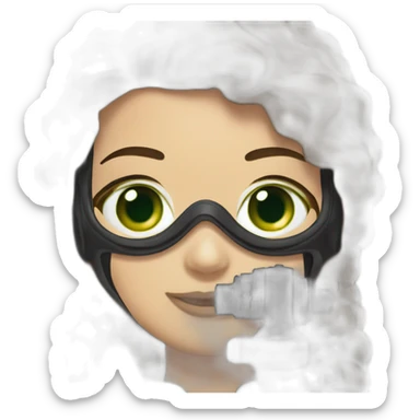 woman brown hair flaco diving mask with diving regulator in mouth, green eyes sticker