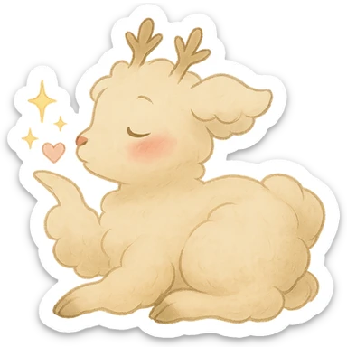 Make the vanilla-colored cloud doe appear curled up, with rosy cheeks, blowing a kiss with sparkles, in a soft Ghibli style, with no background. sticker