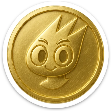 Create a simple flat gold coin with a thin rim and transparent background, no shadows. The coin features only the mascot's head from the provided image, centered and in gold color. No neck or extra details, just the head. sticker