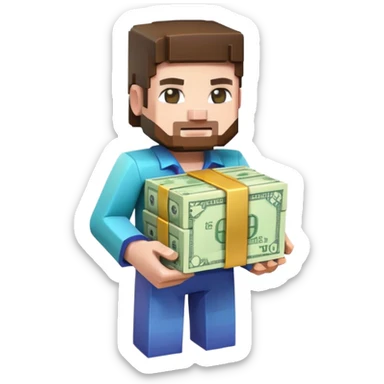 emoji style icon, minecraft blocky character holding a stack of money, pixel art style, bright colors, simple background, 3D glossy emoji, centered composition, soft shadow, high detail, clean outline, white background sticker