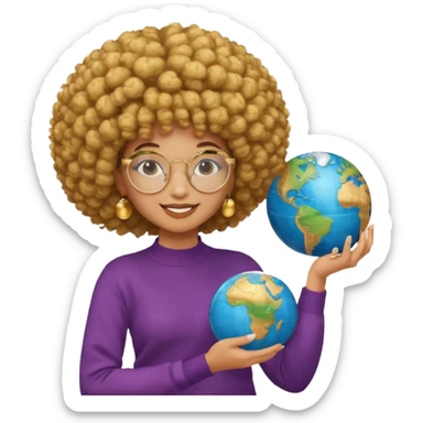 a young woman wearing gold round glasses and afro hair, she has medium/mate skin, she's wearing a sweater and she's holding a globe in her hand sticker