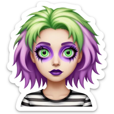 Psychedelic colored beetlejuice girl with large glistening eyes sticker