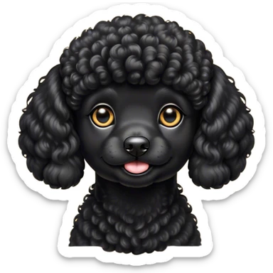 Cinematic Cute Black Poodle Portrait Emoji, Head tilted playfully and inquisitively, showcasing a bouncy, curly jet-black Fur with a striking sheen, round, sparkling dark eyes filled with curiosity, Simplified yet irresistibly adorable features, highly detailed, glowing with a warm, friendly glow, high shine, affectionate and lively, stylized with a touch of whimsy, bright and endearing, soft glowing outline, capturing the essence of a mischievous yet loving companion, so playful it feels like it could bounce out of the screen and into your arms! sticker