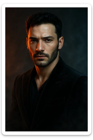 Usa questa immagine come riferimento per creare un ritratto iperrealistico e ravvicinato di un carismatico nodello maschile, ambientato in un contesto editoriale suggestivo. I volto è illuminato da fasci di luce ambrata e blU ghiaccio che contrastano tra loro, esaltando la simmetria marcata della mascella, la sottile barba incolta e uno sguardo penetrante e sicuro. I| modello indossa una giacca sartoriale scura in morbido velluto, leggermente sbottonata sul colletto. Lo sfondo sfuma in un profondo gradiente antracite con una delicata foschia cinematografica e sottili bagliori di luce. Un lieve velo di nebbia avvolge la sua silhouette, accentuando un'atmosfera sofisticata e misteriosa. L'effetto complessivo evoca un'eleganza di alta moda con un tocco moderno e malinconico, ideale per una campagna pubblicitaria di lusso o per la copertina di una prestigiosa rivista. sticker