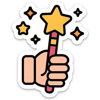 colorful magic wand gripped by a cute hand, stars floating around, kawaii icon style sticker