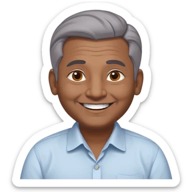 50 yr old indian man, dark skin, grey hair, big smile, white teeth, chubby, no moustache, clean shaven, young style hair, hair brushed back, 5 oclock shadow, bindy, dress shirt, forehead dot, chubby sticker
