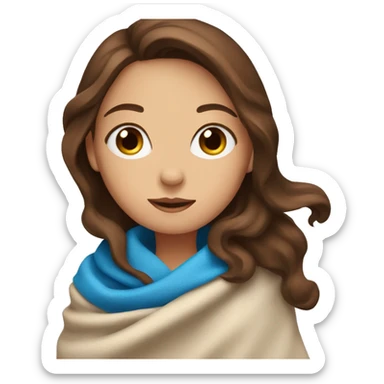 A woman with blue eyes and brown hair has a blanket sticker