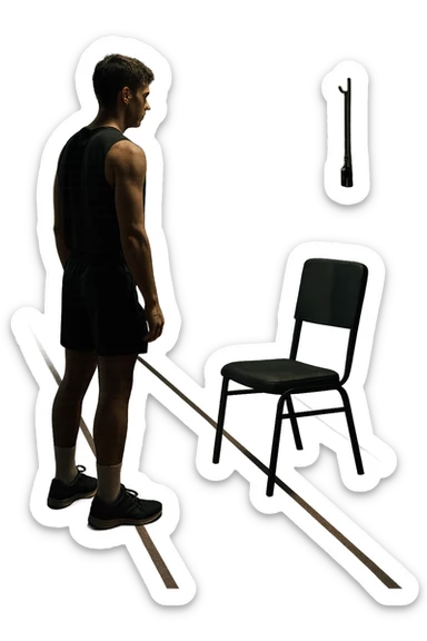 cinematic a person stands alone on a running track or in a fitness studio, glancing toward an empty coach’s chair or whistle hanging on a hook. The absence of the coach is emphasized by a faint, transparent silhouette or shadow where the coach should be. The atmosphere is quiet and a bit disheartened. in italiano sticker