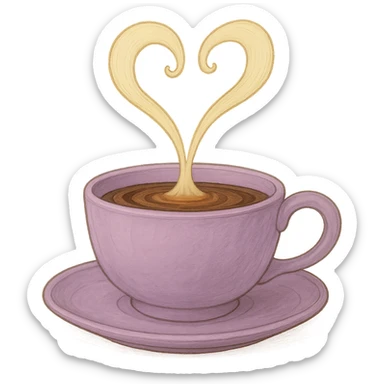 Change the pink mocha with steam forming a heart to lavender, keep it cute and inviting in Ghibli style, with no background. sticker