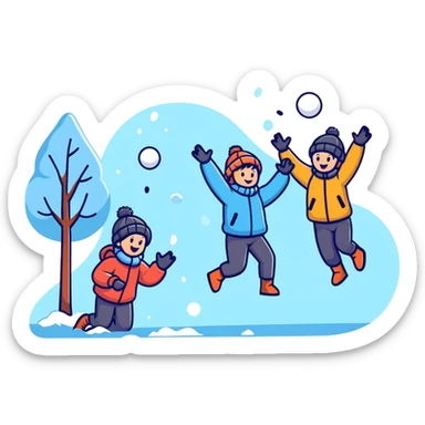 kids playing a snowball fight outdoors, energetic, winter clothing sticker