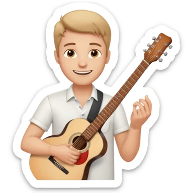 male memoji, man in a white shirt, holding a guitar, dreamy smile sticker