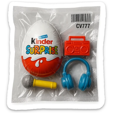 Kinder Surprise egg with standard wrapper next to toys: microphone, boombox, headphones, glossy vacuum-sealed style sticker