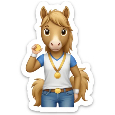 anthropomorphised horse wearing jeans, a t-shirt, and a gold medal sticker
