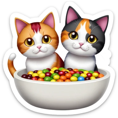 Two cats and a fabric bowl one named Iron Man and another one named skittles who is a black and white cat with skittles all over him sticker