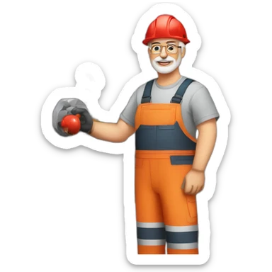 Industrial professional senior mechanical assembler working on the assembly of heavy machinery with a red outfit sticker