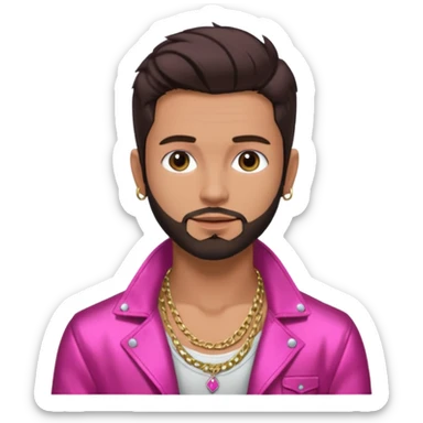 Frankie Zulferino, Pop Singer (b.1990) with dark brown hair and short beard shirtless with necklace, dark pink metallic jacket sticker