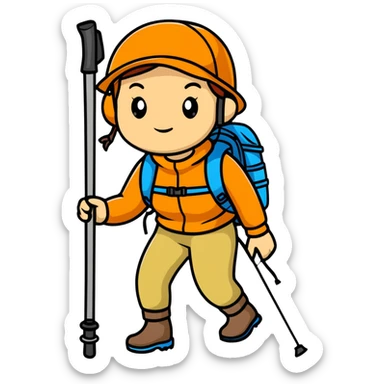 female mountain climber with backpack and hiking poles sticker
