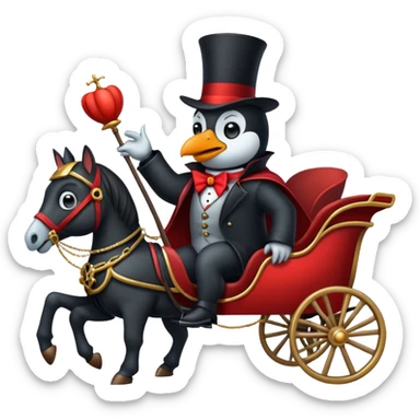 A penguin dressed as dracula riding a 3 horse carriage sticker