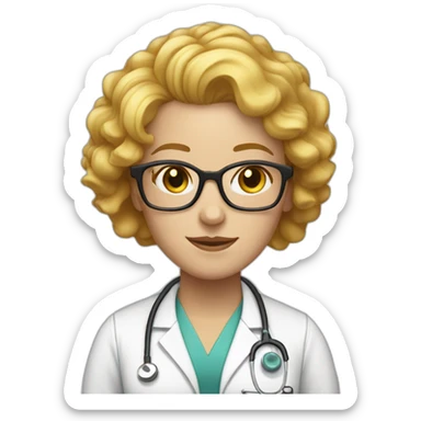 FEMALE Doctor With Curly Yellow Hair and White Skin, and glasses. About 55 years old sticker